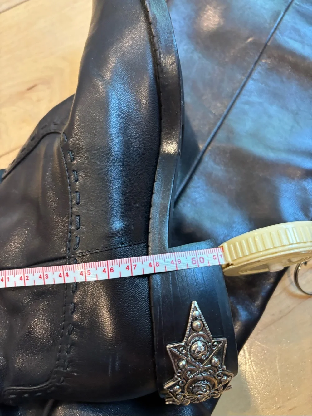 Women's Tall Black Leather Western Boots with Decorative Heel
